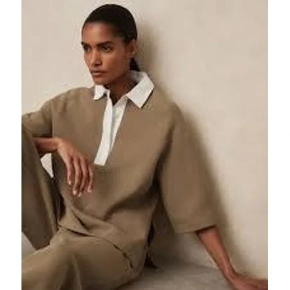 REISS Gaia Camel Tan Interlock Contrast Collar Sweater Top Womens M - Picture 2 of 14